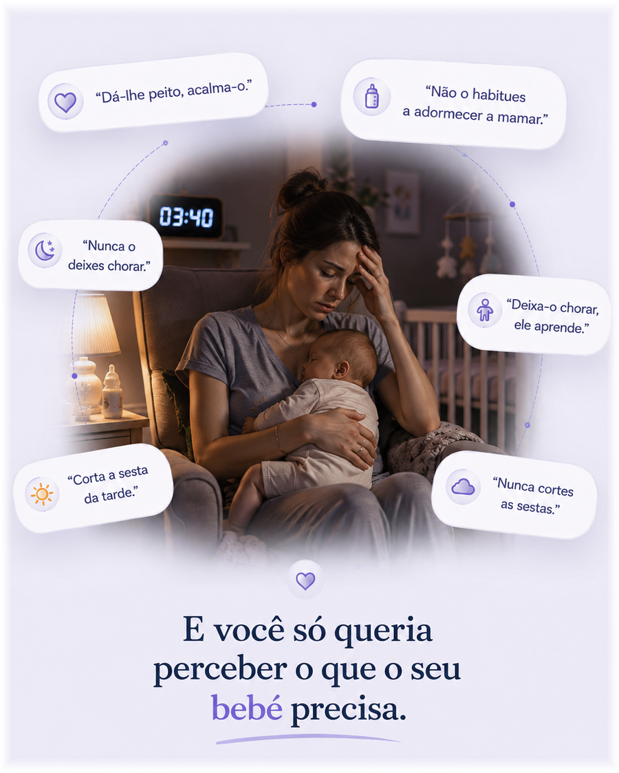 Mãe cansada num cadeirão de madrugada, com o bebé adormecido ao colo e o relógio a marcar 03:40, rodeada de conselhos contraditórios sobre o sono. Em baixo: «E você só queria perceber o que o seu bebé precisa.»