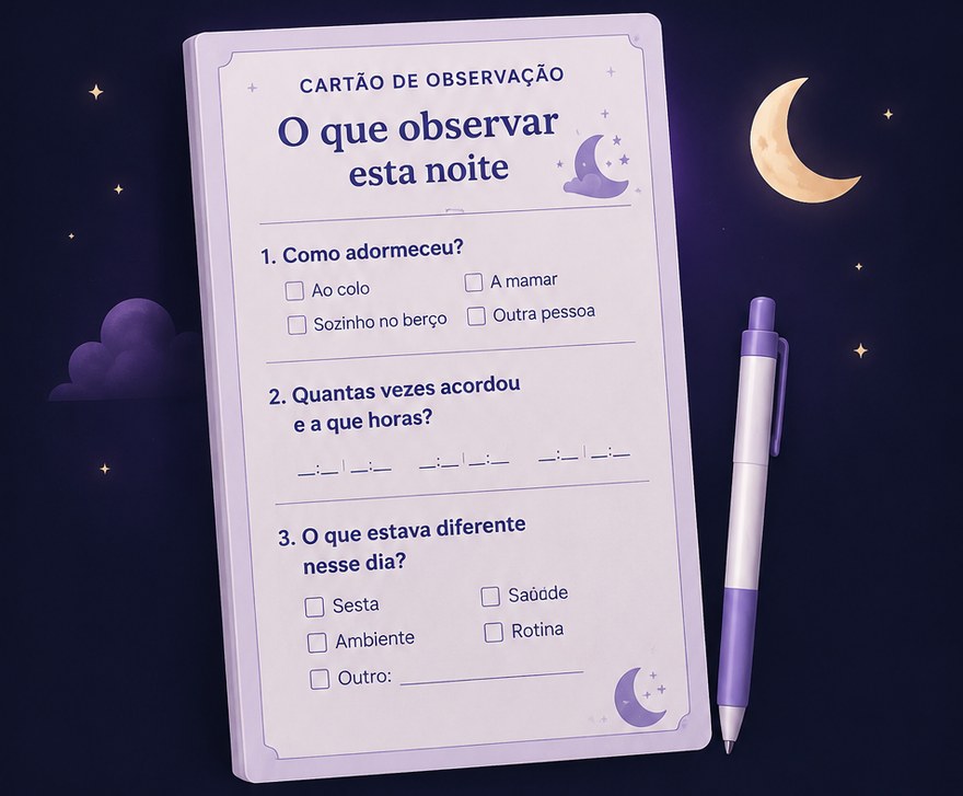 Cartão A5 «O que observar esta noite», com três blocos de perguntas e uma caneta ao lado.