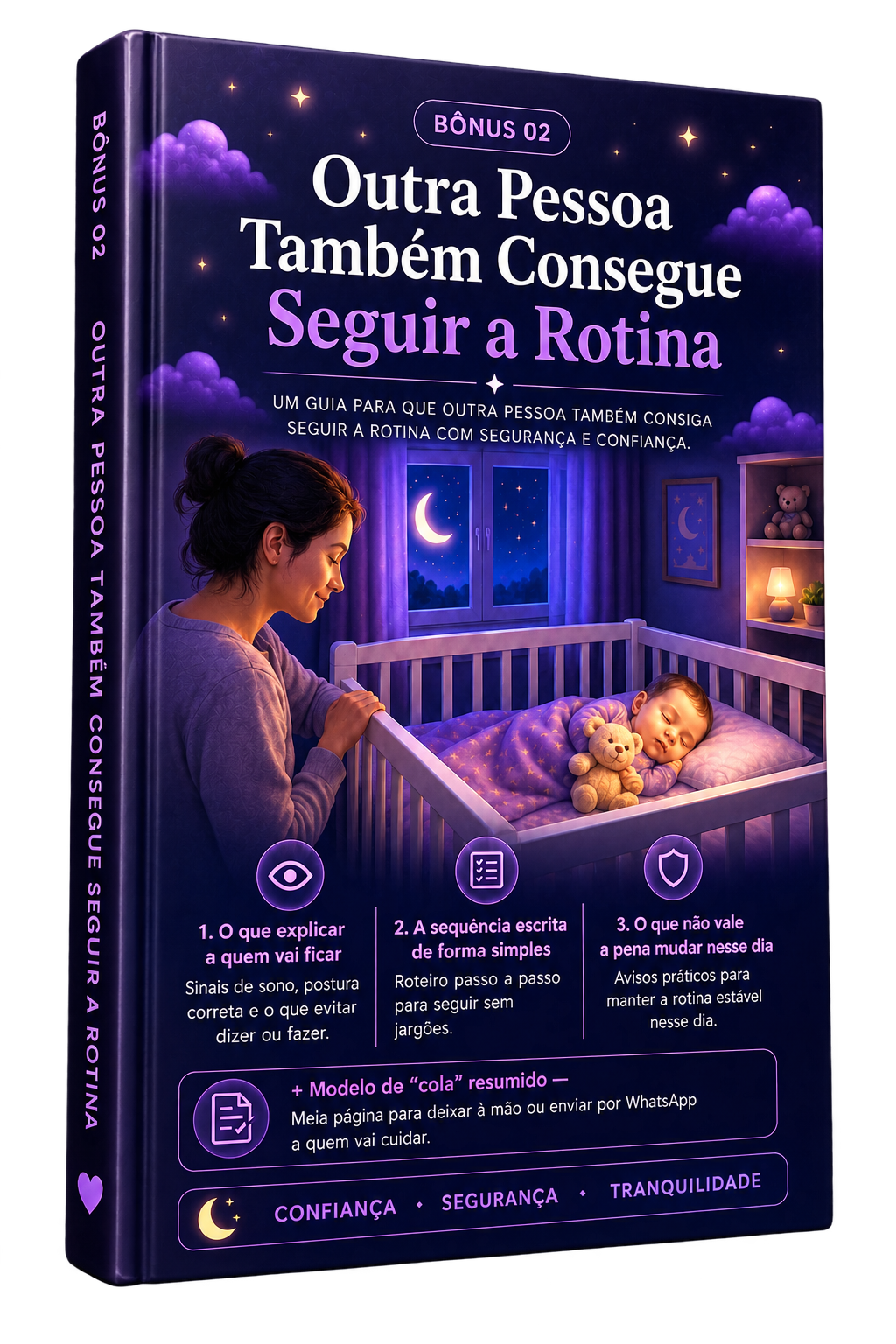 Capa do guia «Outra Pessoa Também Consegue Seguir a Rotina», com uma mãe a olhar para o bebé a dormir no berço.