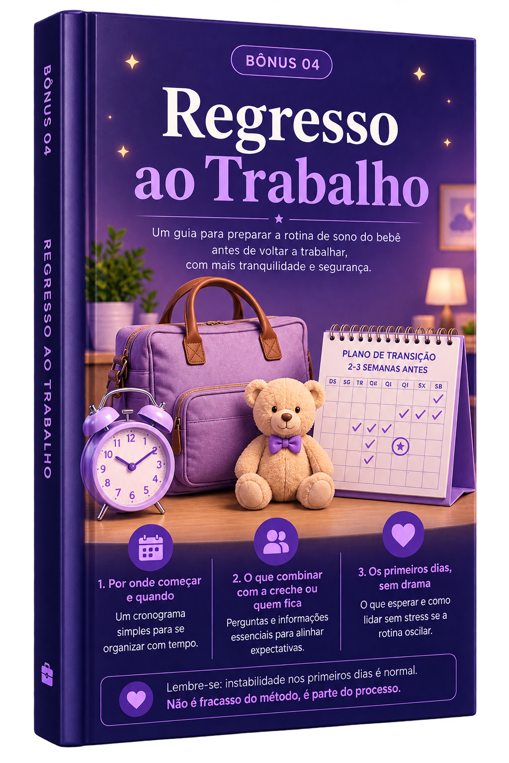 Capa do guia «Regresso ao Trabalho», com uma mala, um despertador, um ursinho e um calendário de transição.