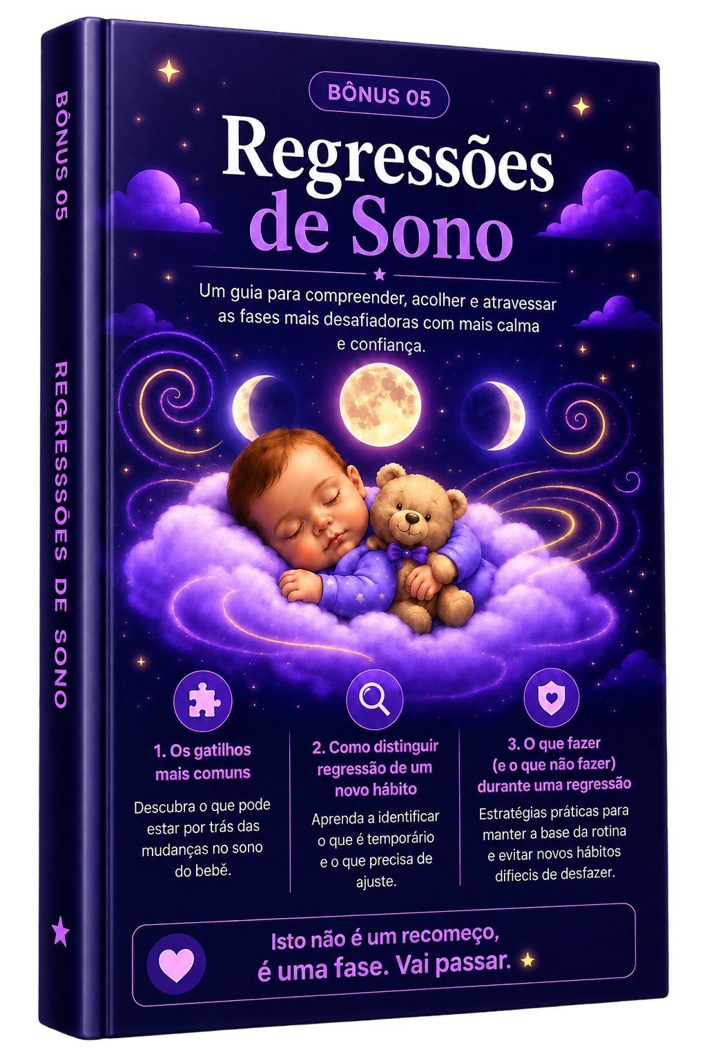 Capa do guia «Regressões de Sono», com um bebé a dormir sobre uma nuvem e as fases da lua ao fundo.