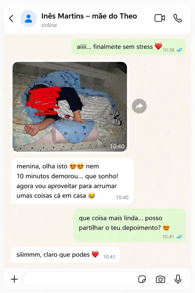 Mensagem de uma cliente sobre o sono do bebé (relato 1 de 5).