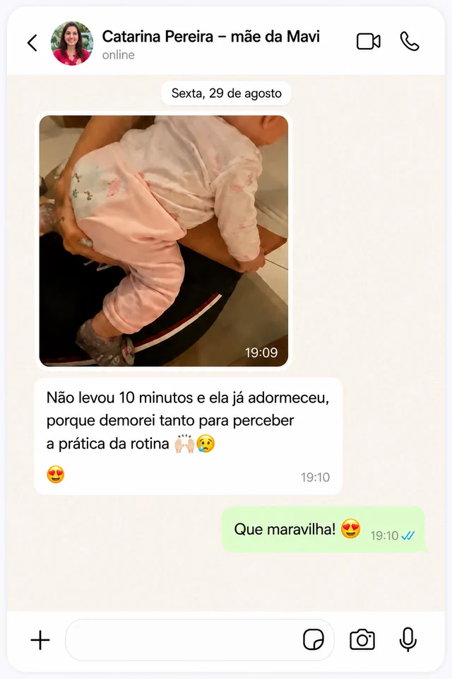 Mensagem de uma cliente sobre o sono do bebé (relato 2 de 5).