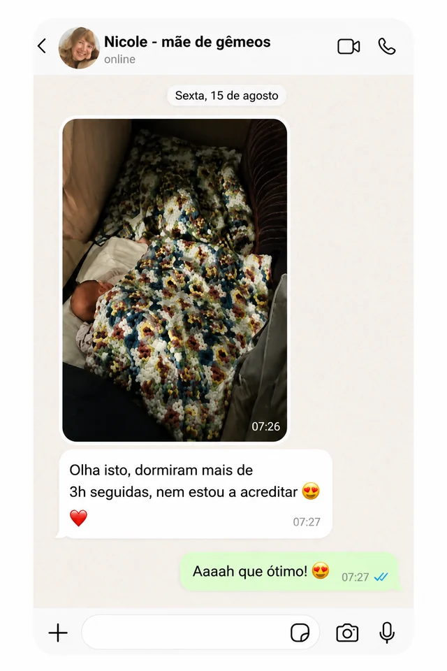 Mensagem de uma cliente sobre o sono do bebé (relato 3 de 5).
