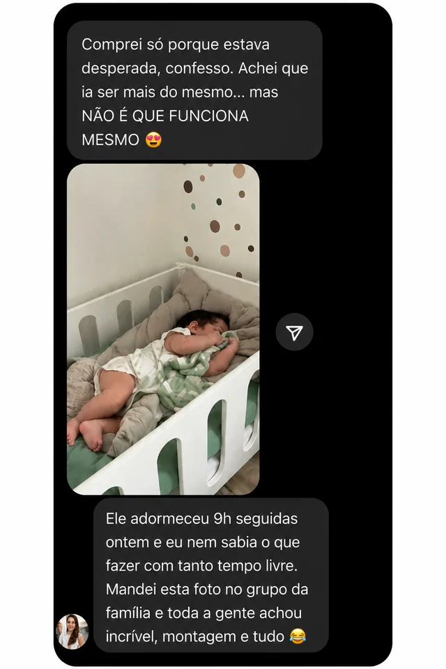 Mensagem de uma cliente sobre o sono do bebé (relato 4 de 5).