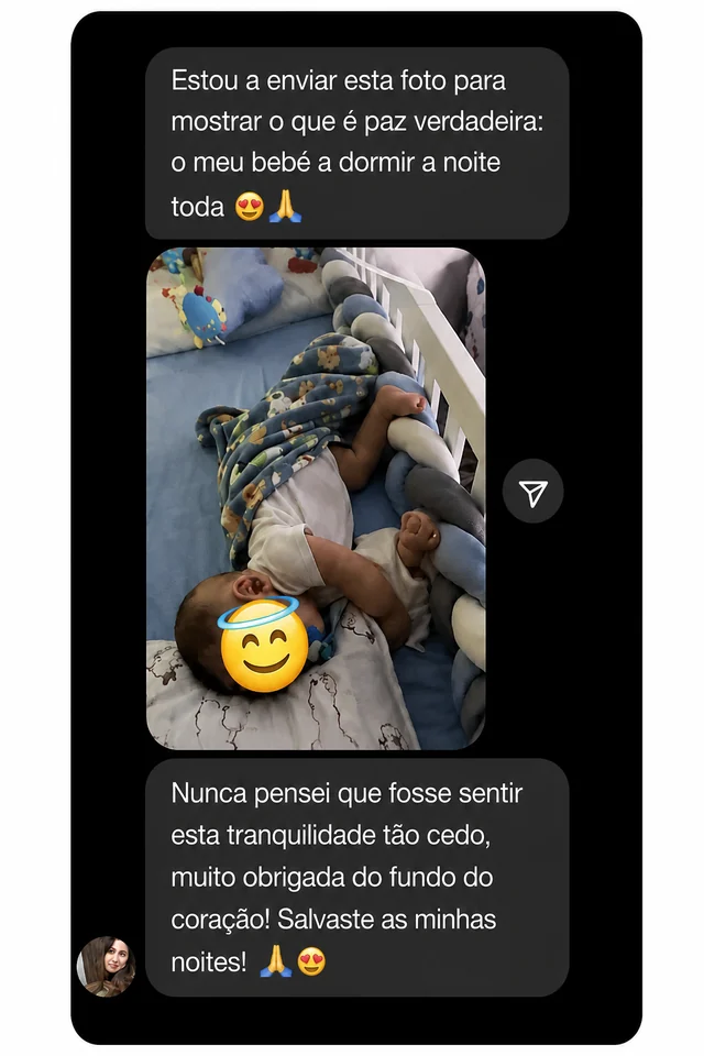 Mensagem de uma cliente sobre o sono do bebé (relato 5 de 5).