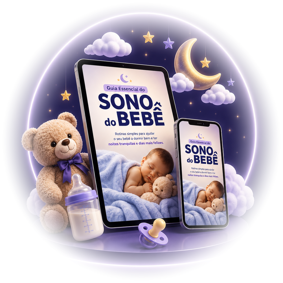 Tablet e telemóvel a mostrar a capa do guia, com um bebé a dormir, um ursinho de peluche, um biberão e uma chupeta em redor.
